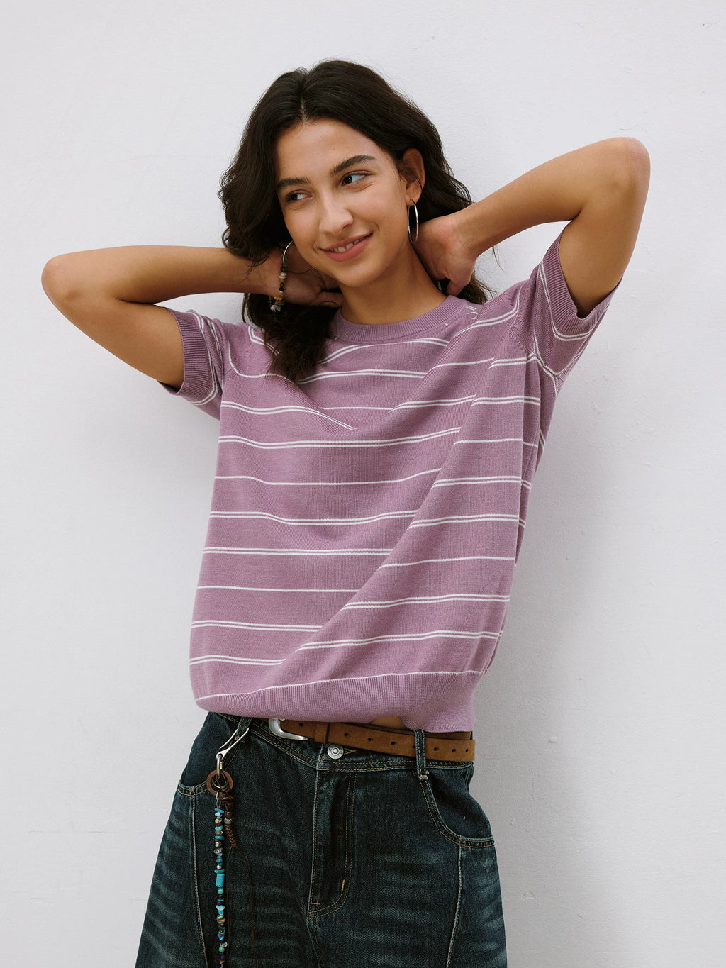 LR MADE Cuff Hem Tightened Knitted Striped Tee