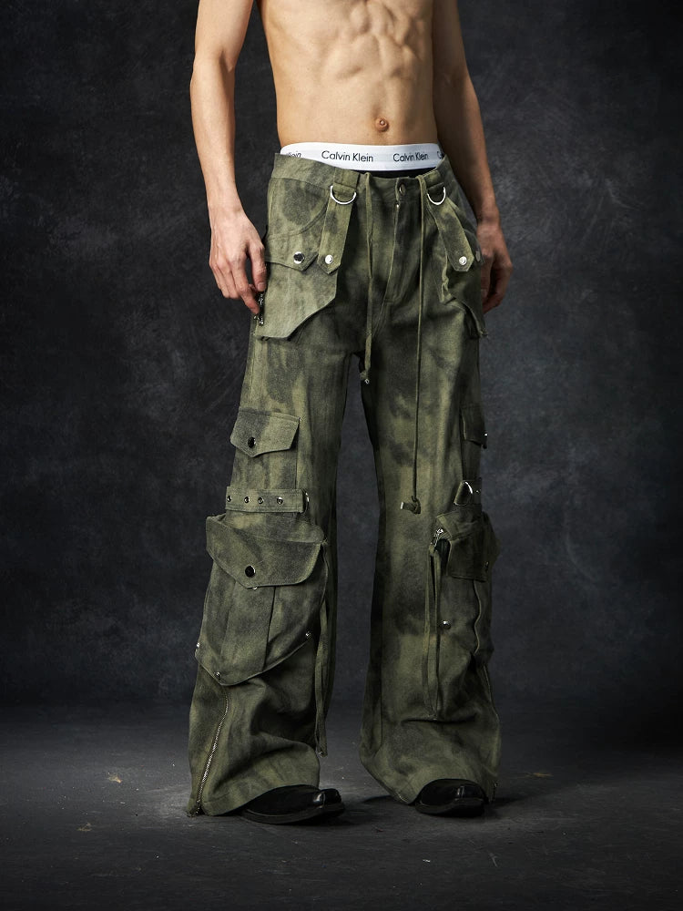 NOMANIAI Old Dirty Multi-pocket Straight Wide-leg Floor-mopping Overalls