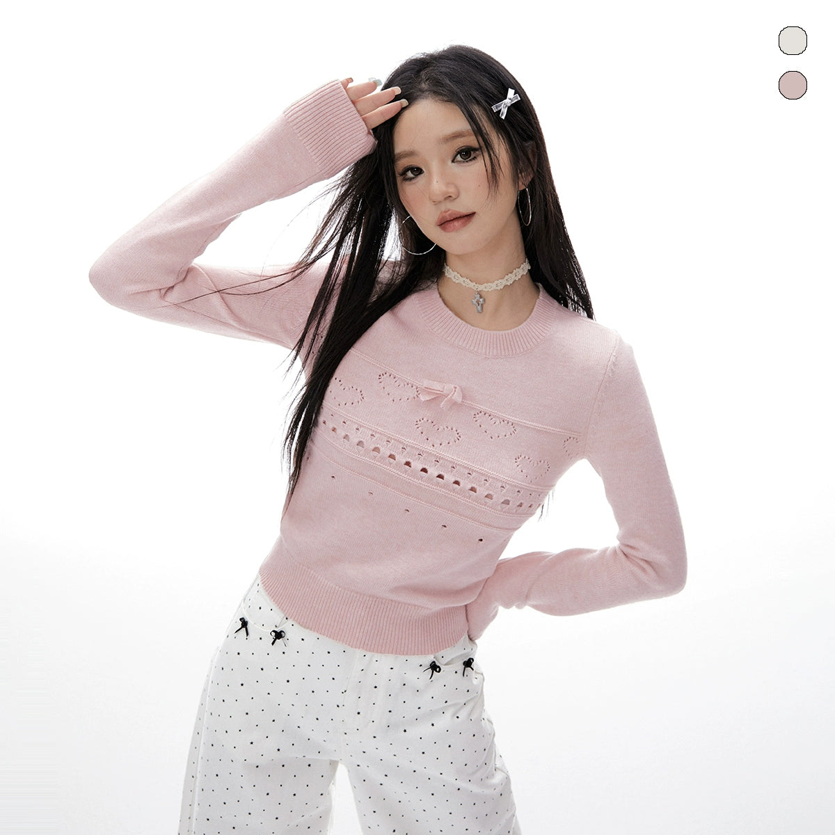 Imone  Bow Short Thin Hollow Knitted Sweater