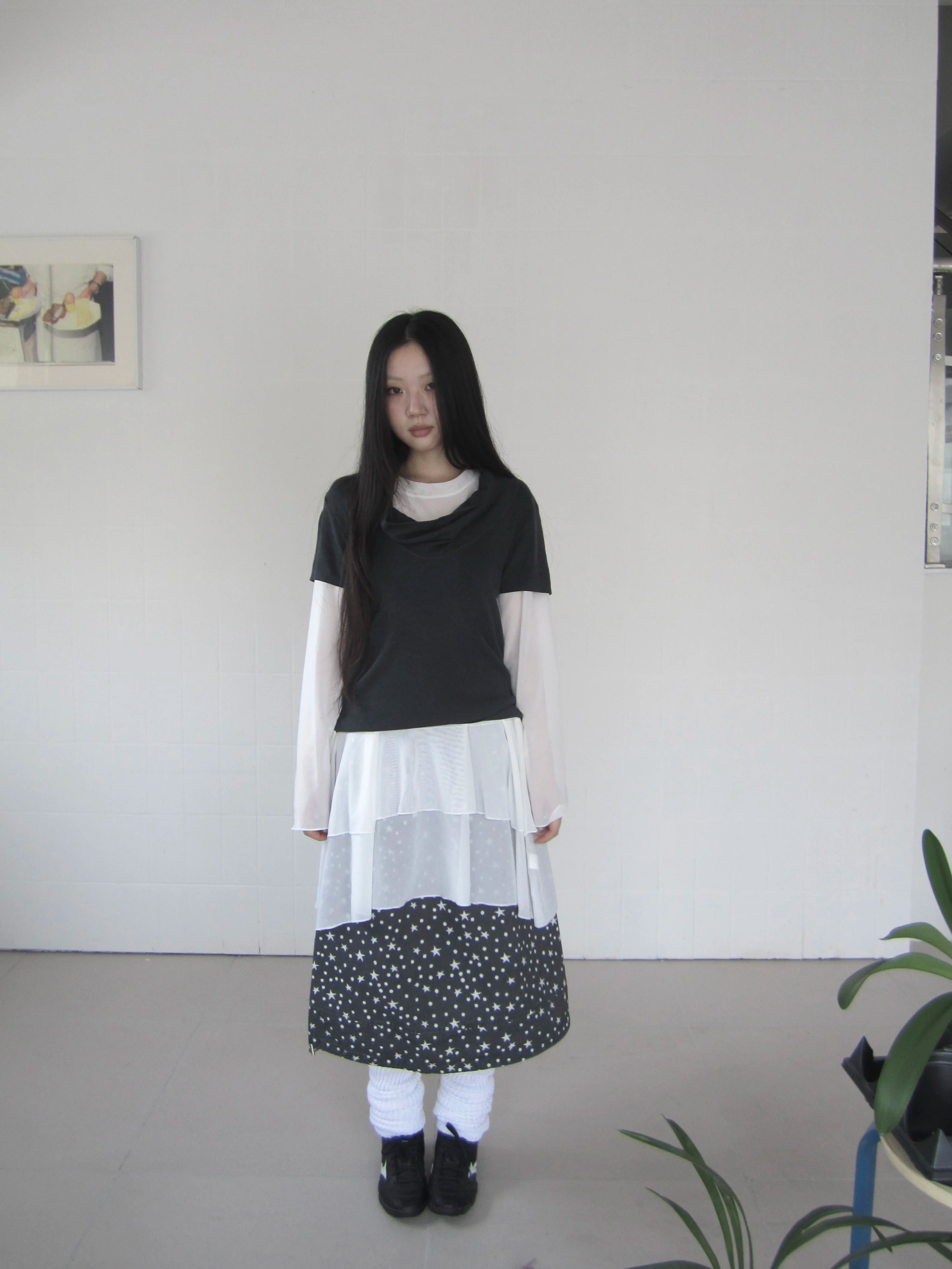 Ang: Project Vintage Star Polka Dot Print Drawstring Denim Skirt