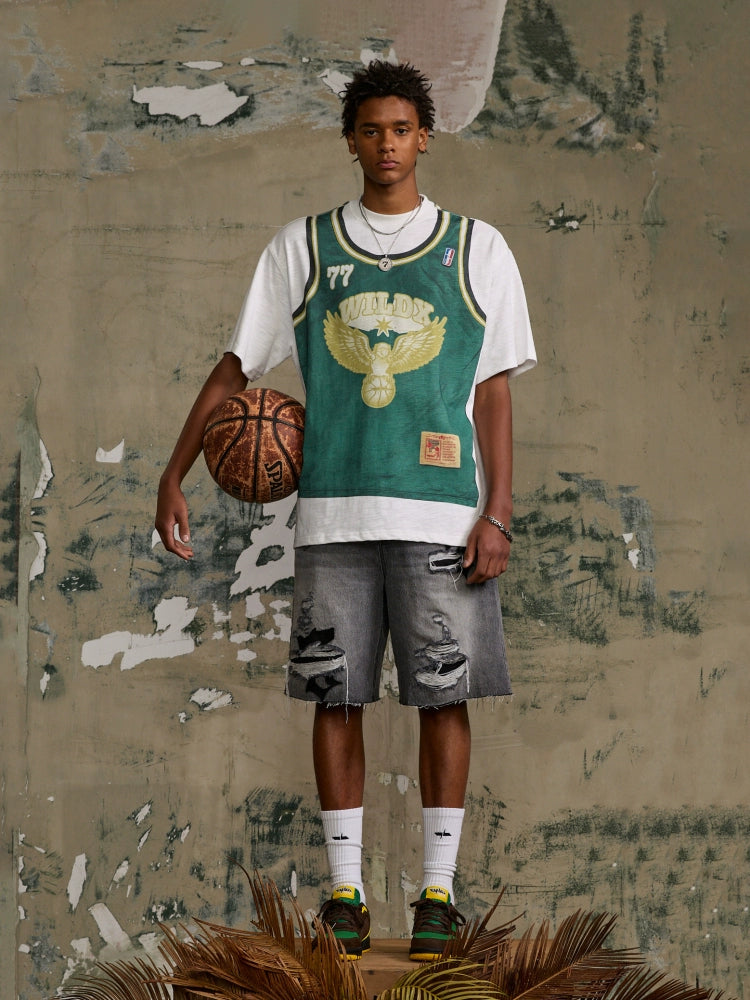 WildX Fake Two-piece Kangli Printed Retro Jersey Tee