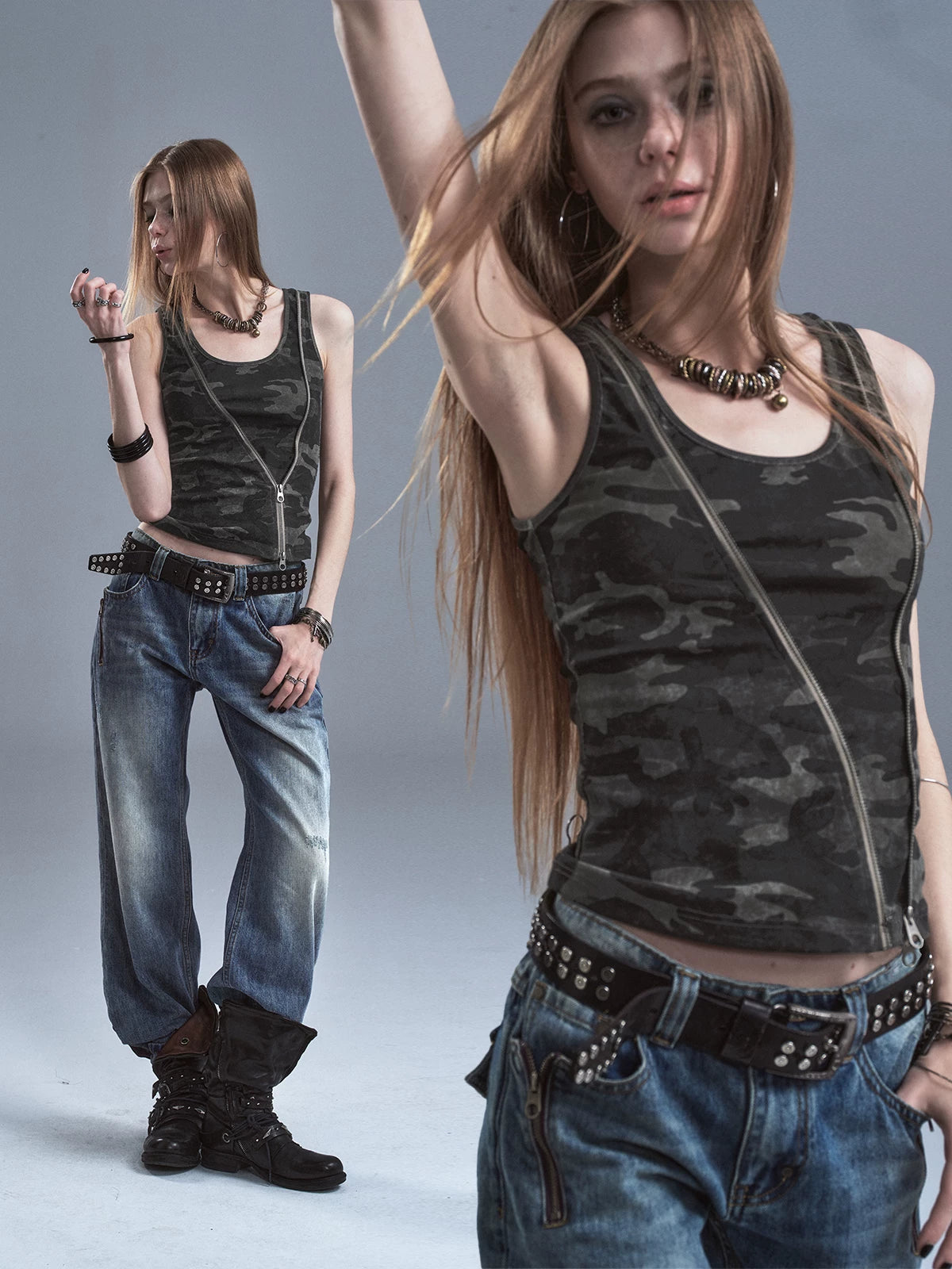 WearAndtear Diagonal Zipper Two Wear Waist Camouflage Suspenders