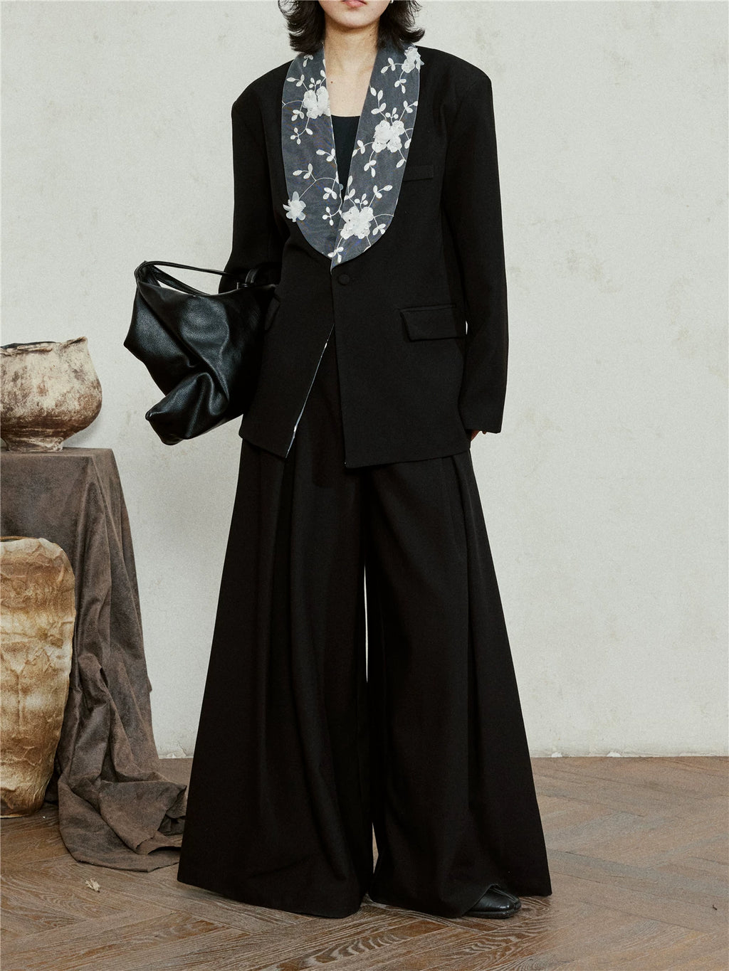 SUNYVONNE Flower Lace Collar Spliced Blazer