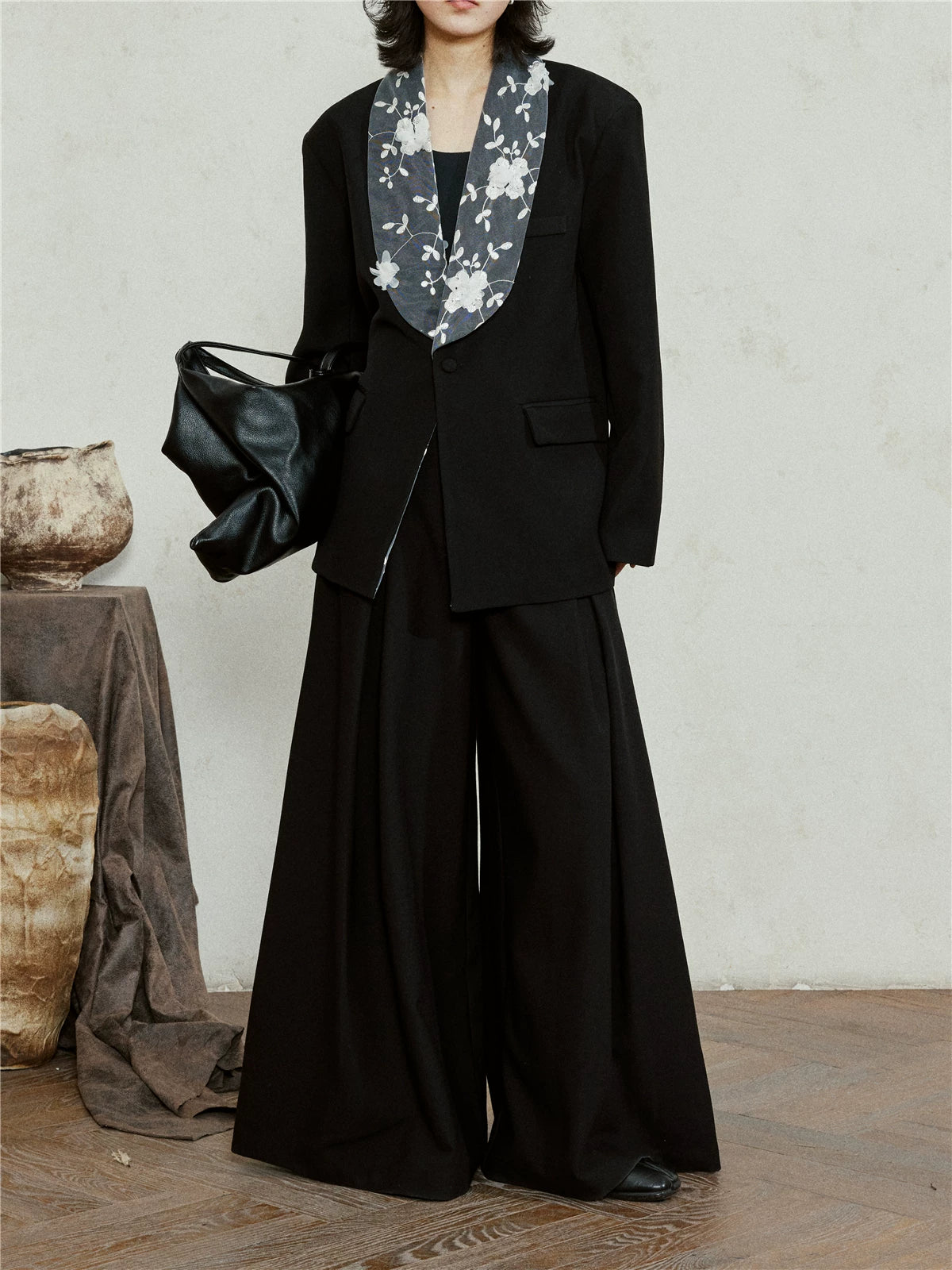 SUNYVONNE Flower Lace Collar Spliced Blazer