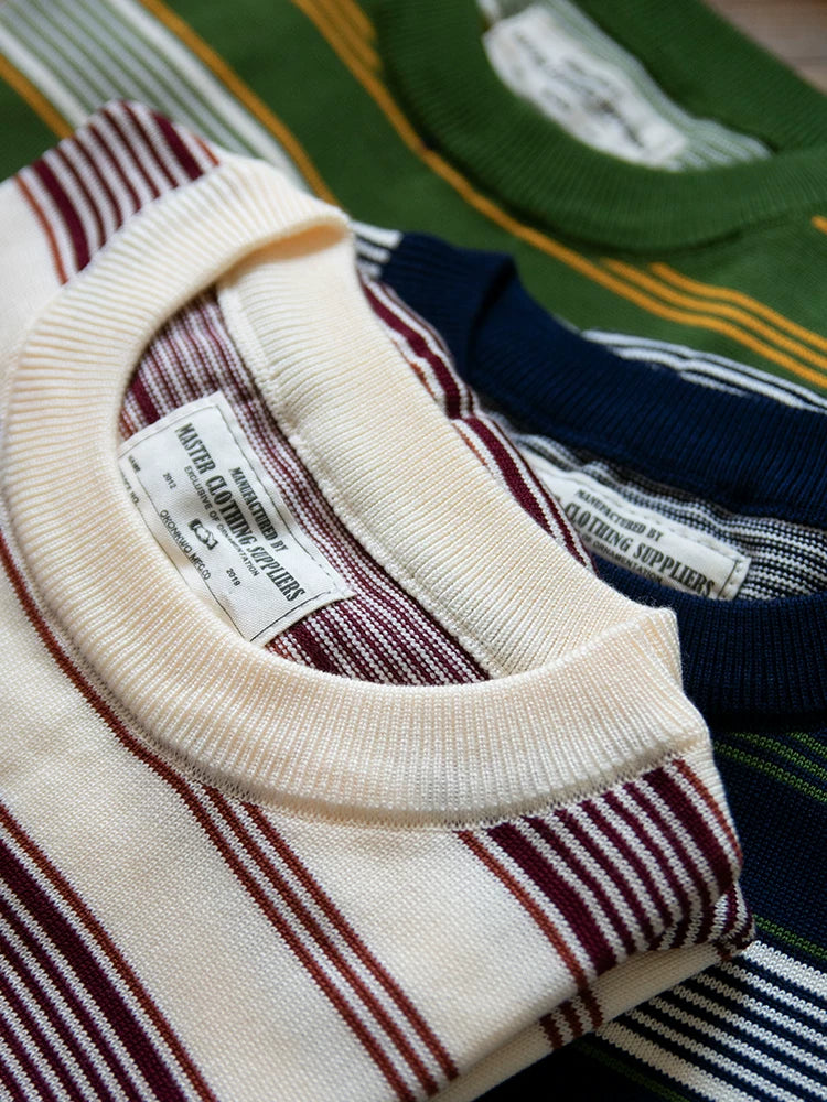 PrintAce Knitted Vintage Striped Crew Neck Front Shoulder Tee