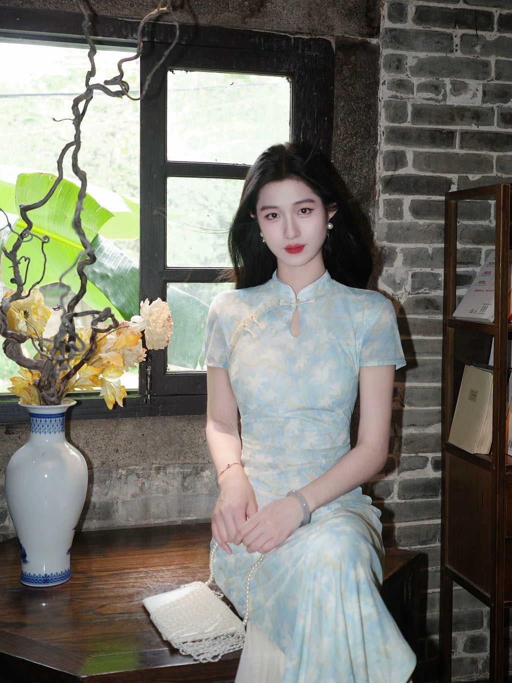 ZIHE Floral Mesh Stretch Cheongsam Slim Dress