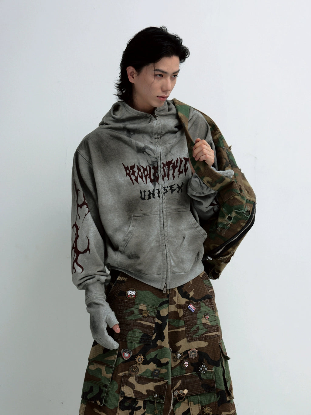 PEOPLESTYLE Dirty Dye Mask Removable Gloves Hooded Sweater