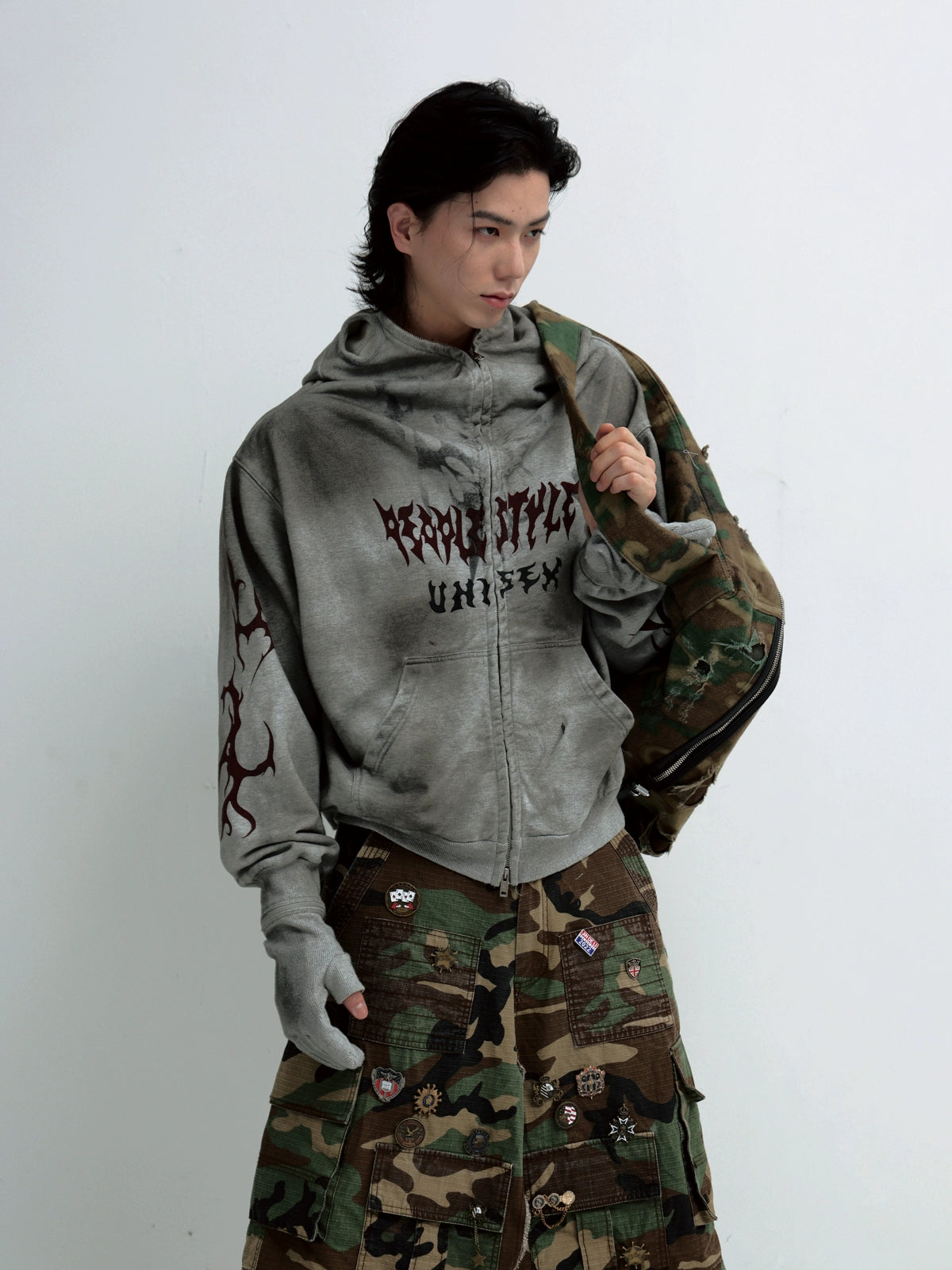 PEOPLESTYLE Dirty Dye Mask Removable Gloves Hooded Sweater