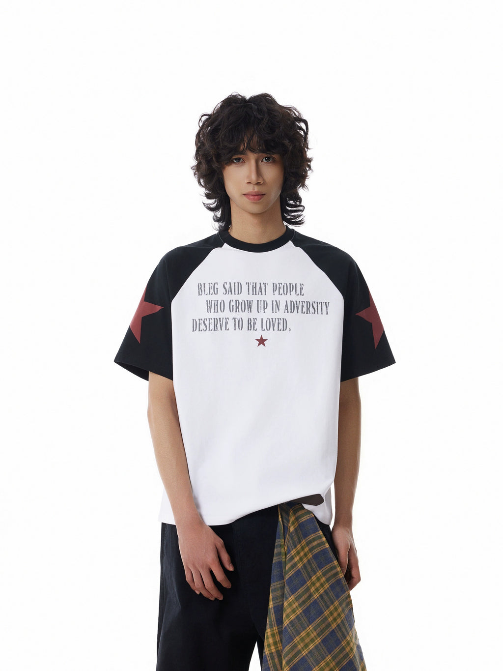 BTSG Red Star Slogan Splicing Rough Sleeve Tee