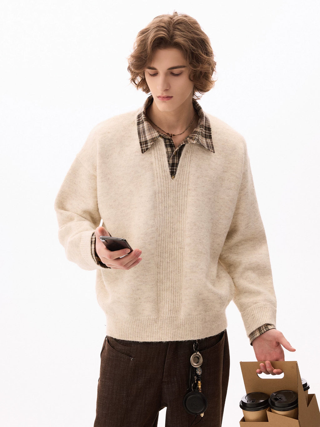 CHOR Fake Two-piece Knitted Checked Sweater