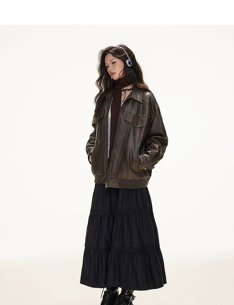 IMONE Vintage Loose Skinny Lapel PU Leather Jacket
