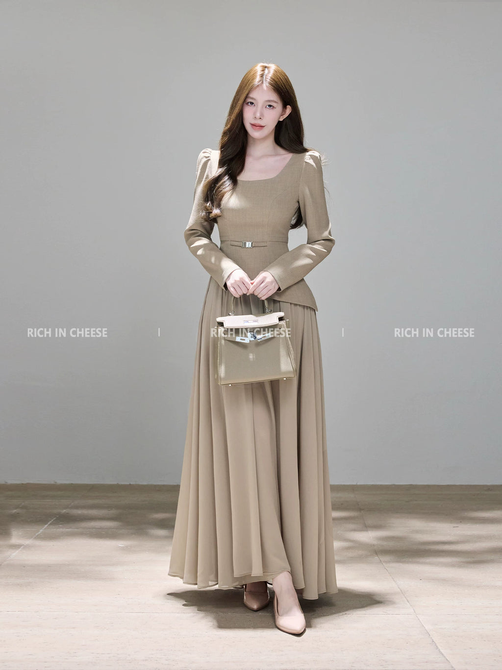 RICH IN CHEESE Mesh Stitching Waist Slim Dress