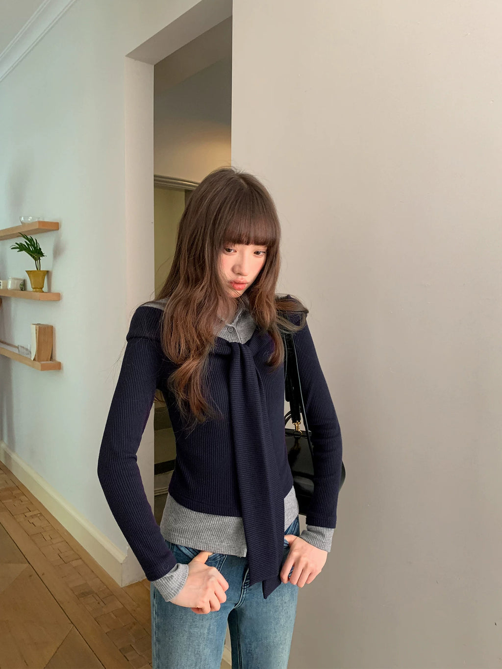 Kano Fake Two-piece Splicing Streamer Collar Knitted Long Sleeve