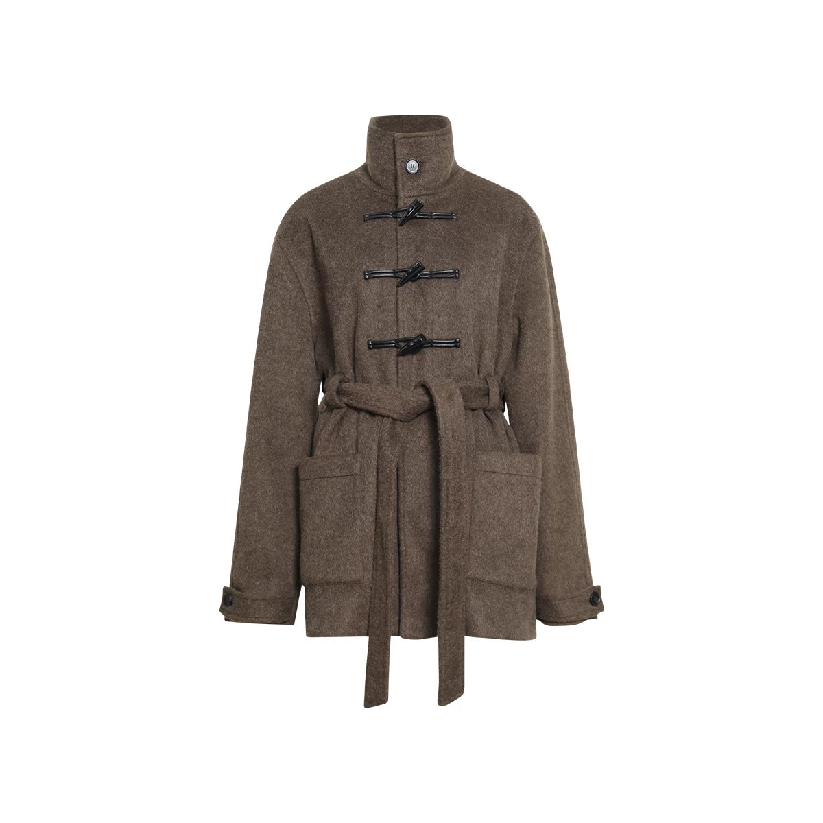 FUNKYFUN Horn Buckle Adjustable Belt Medium and Long Woolen Coat