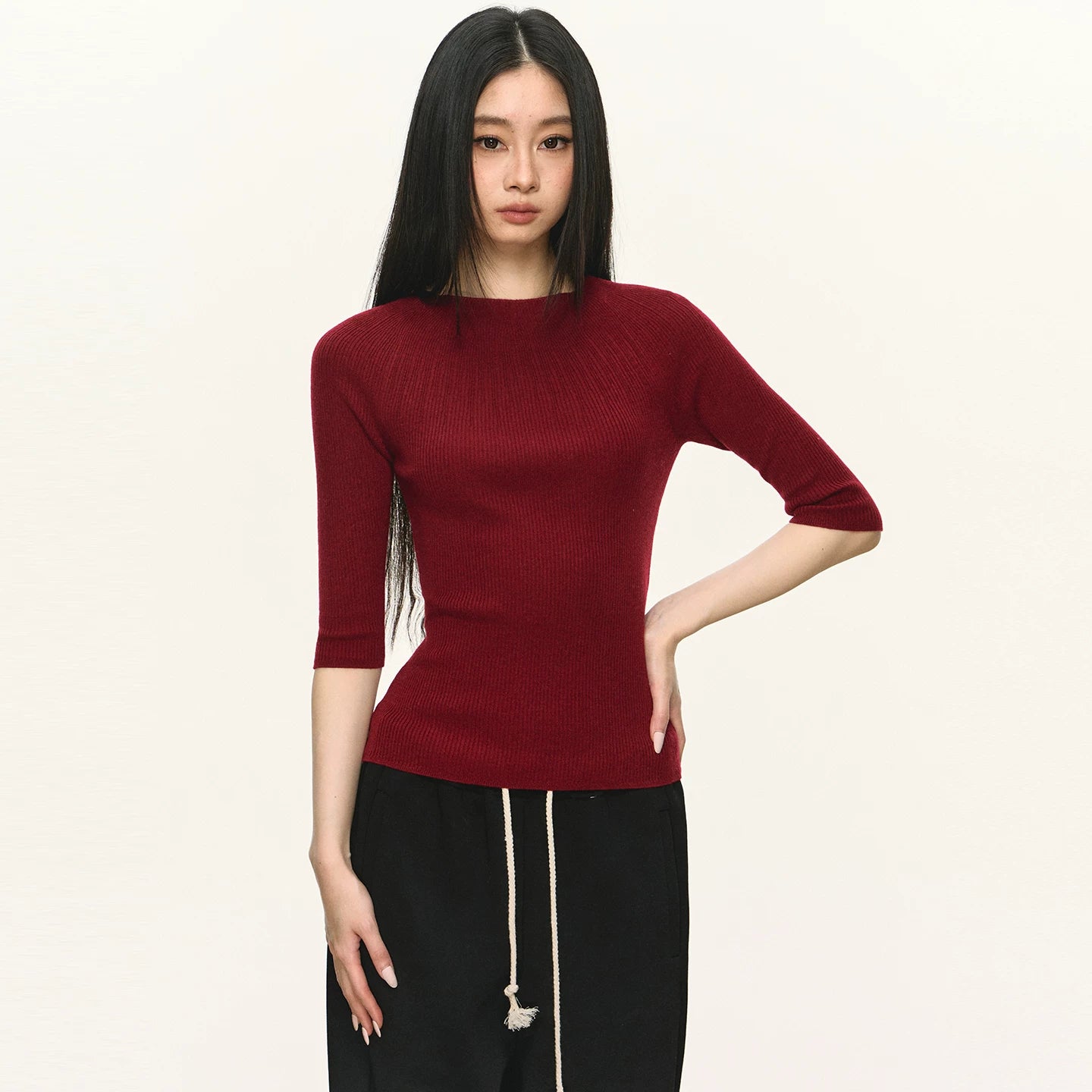 Anna Aneae Casual Slim Knit Mid-sleeve Tee