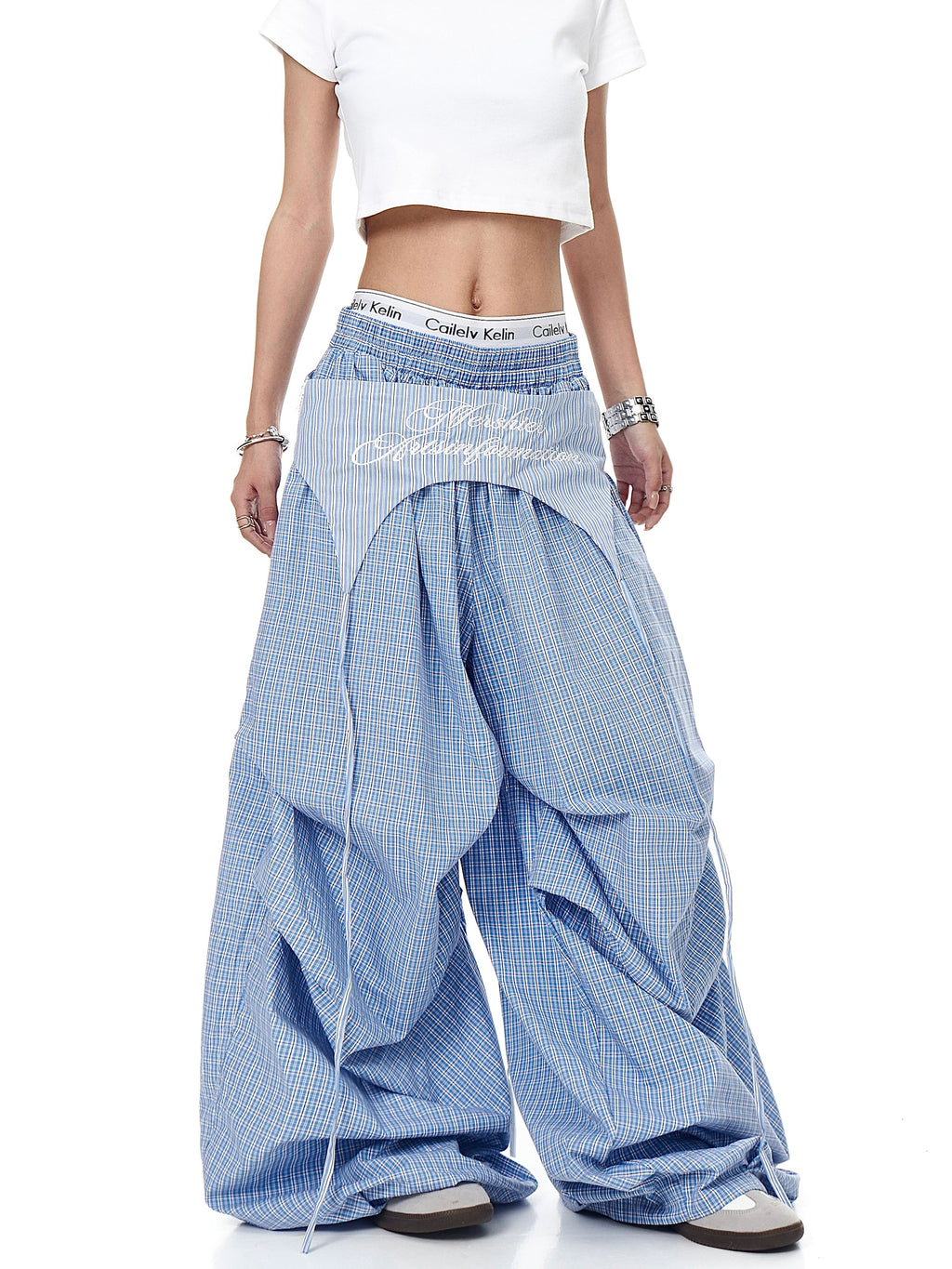 Mershier Retro Lazy Wind Fart Curtain Stacked Plaid Wide-leg Pants