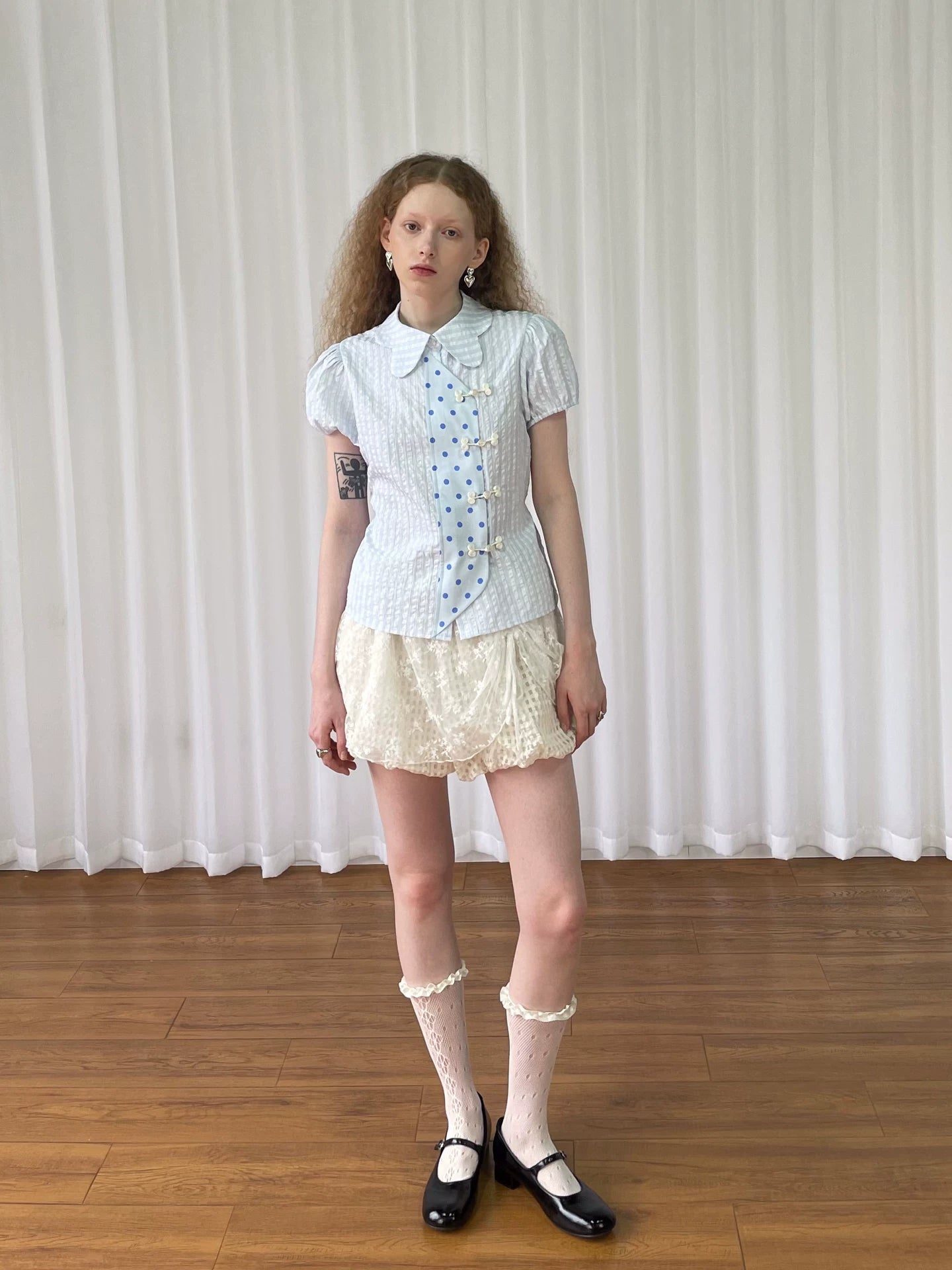 Loosesmell Checked Polka Dot Short Sleeve Shirt