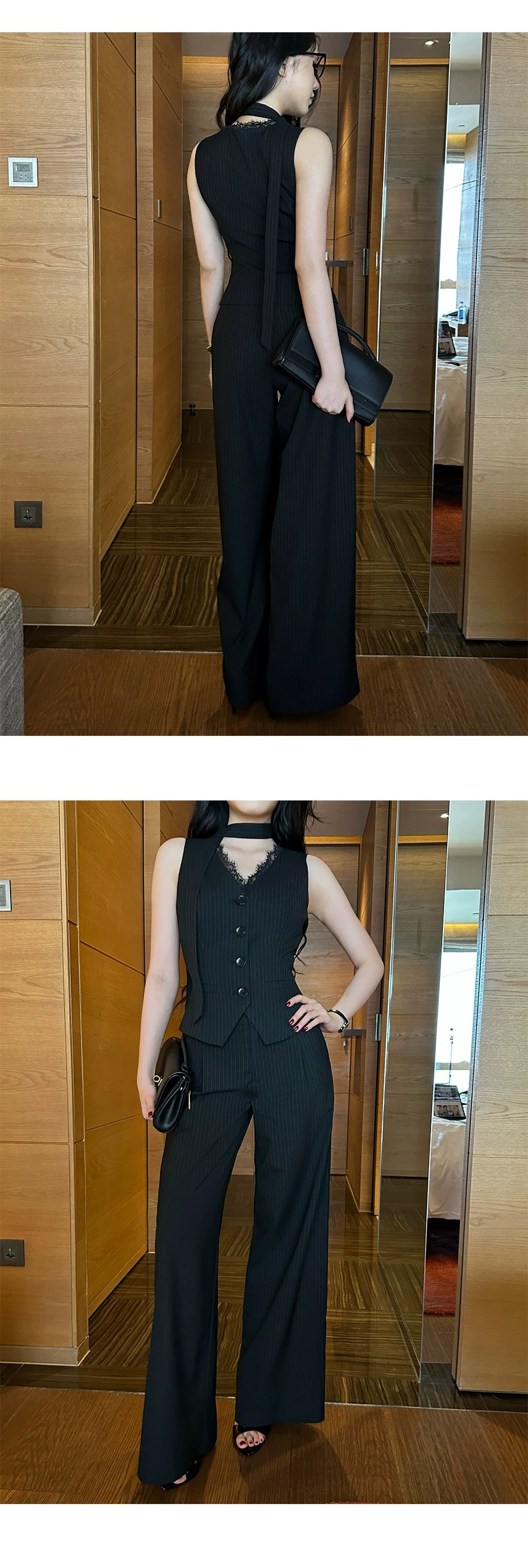 LLROGE Lace Splicing Vest High Waist Wide Leg Pants Set