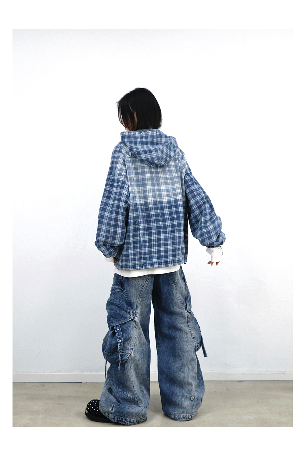 RELABEL Bump Studs Gradual Change Plaid Hooded Denim Sweater