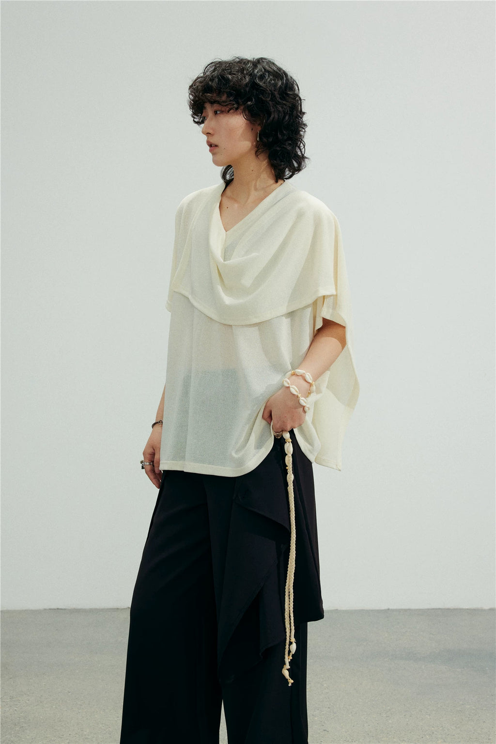 SUNYVONNE V-neck Irregular Ice Silk Knitted Shawl Tee