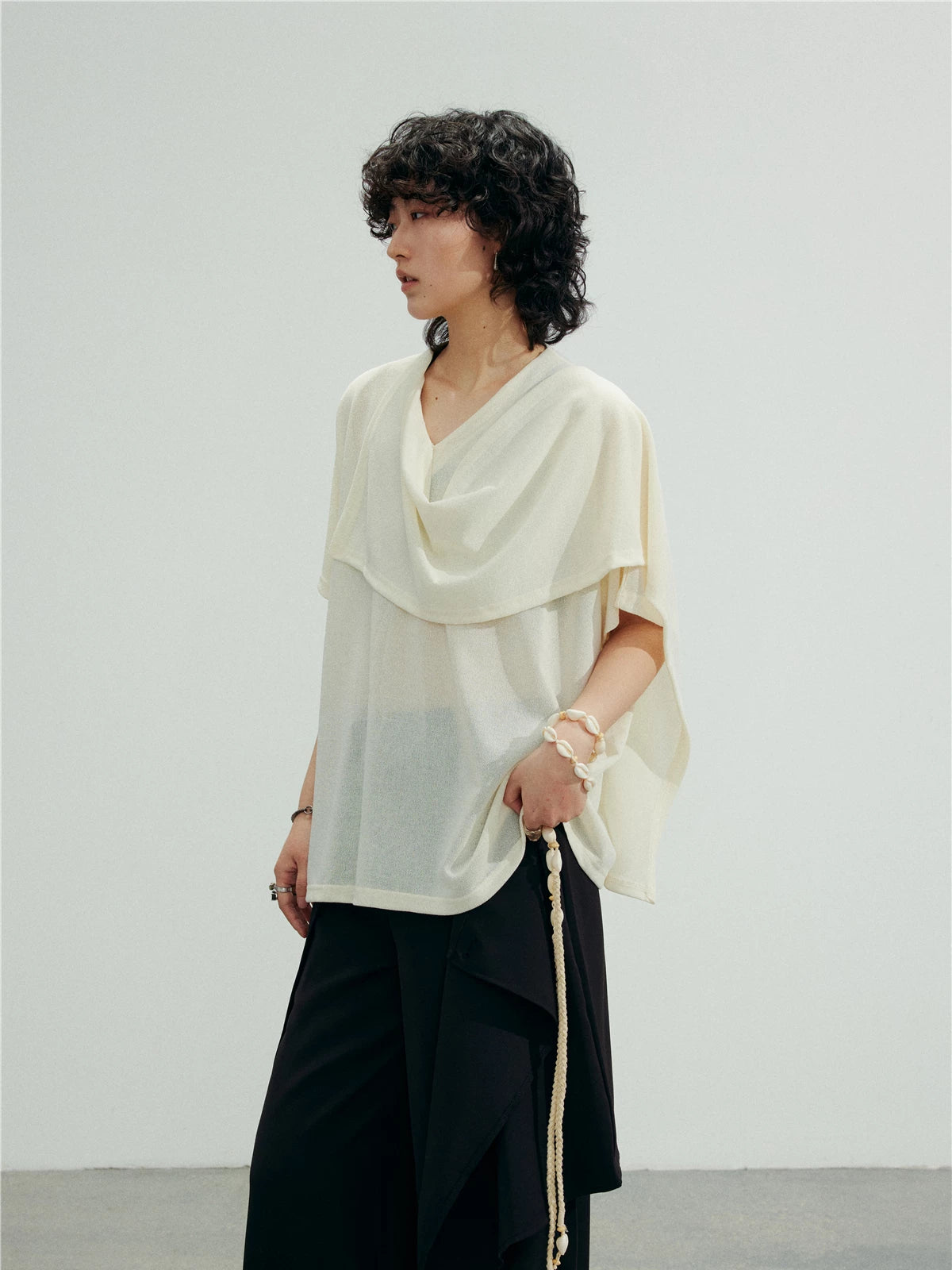 SUNYVONNE V-neck Irregular Ice Silk Knitted Shawl Tee