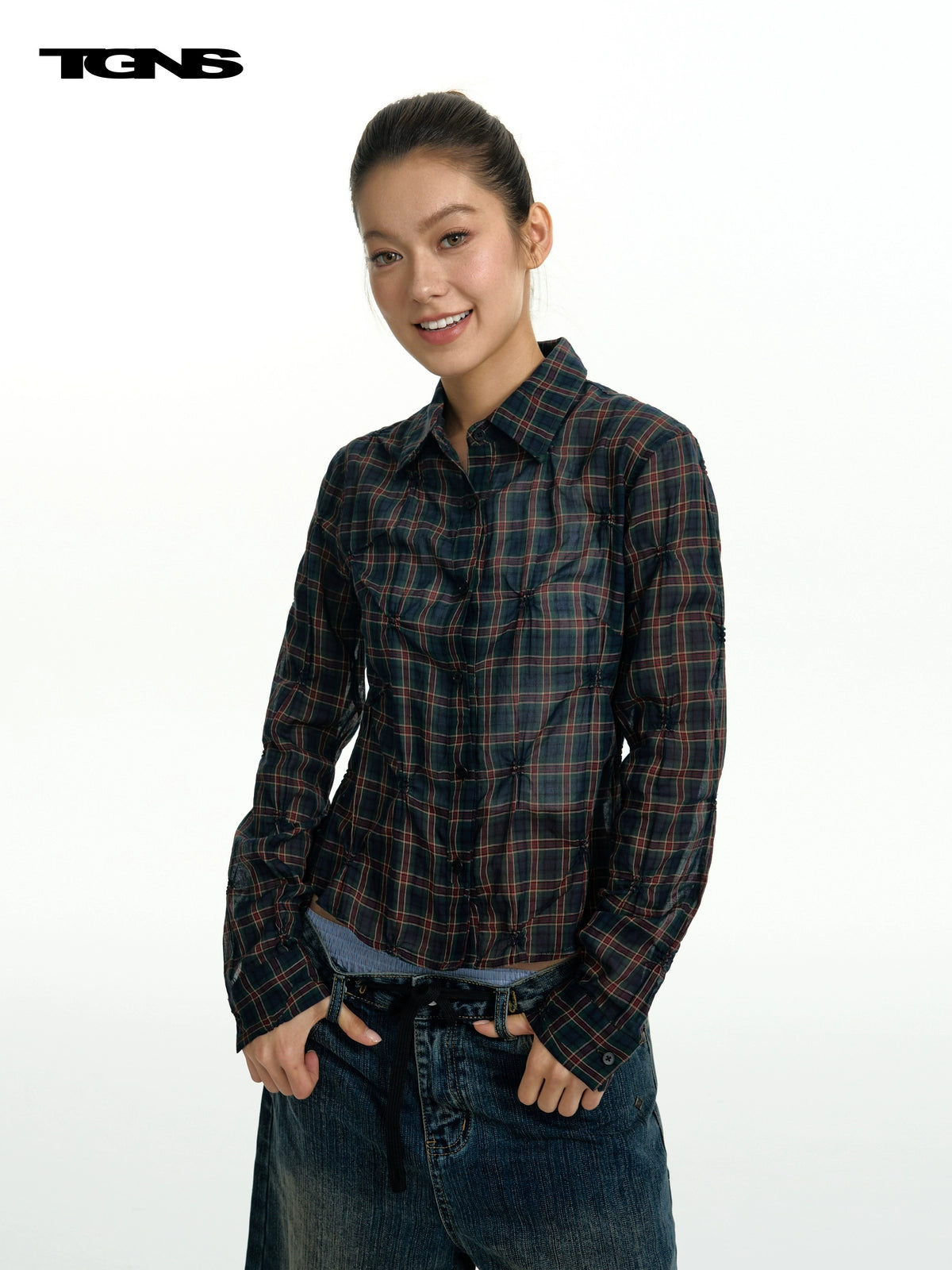 TGNS Rhombus Plaid Long-sleeved Shirt