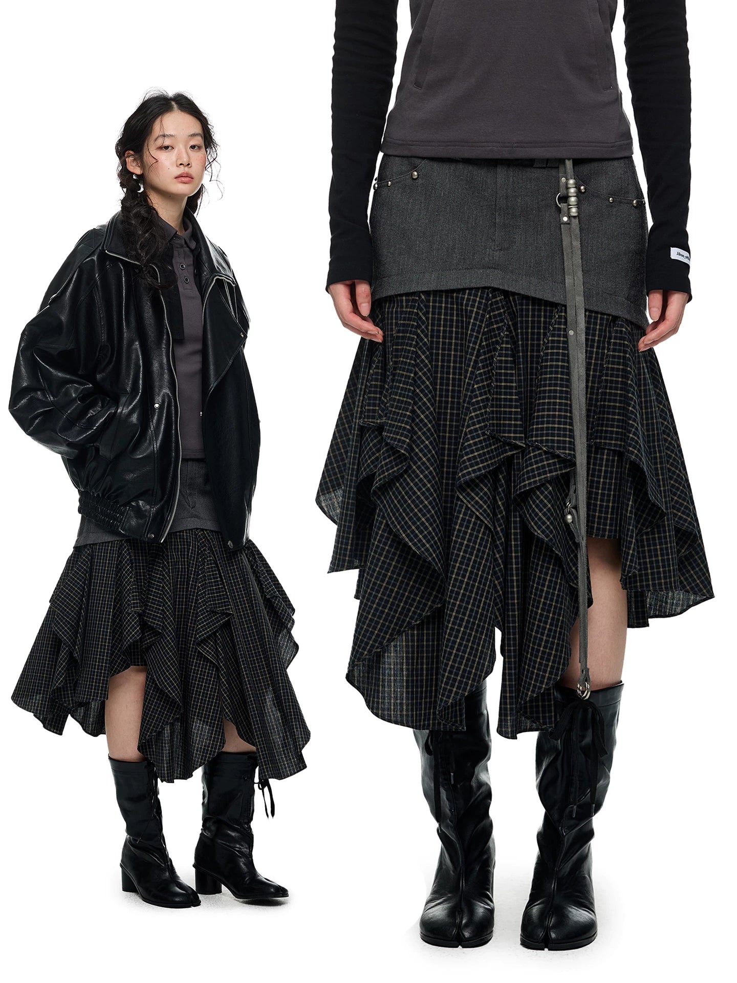 JIKOO Spliced Plaid Pleated Skirt