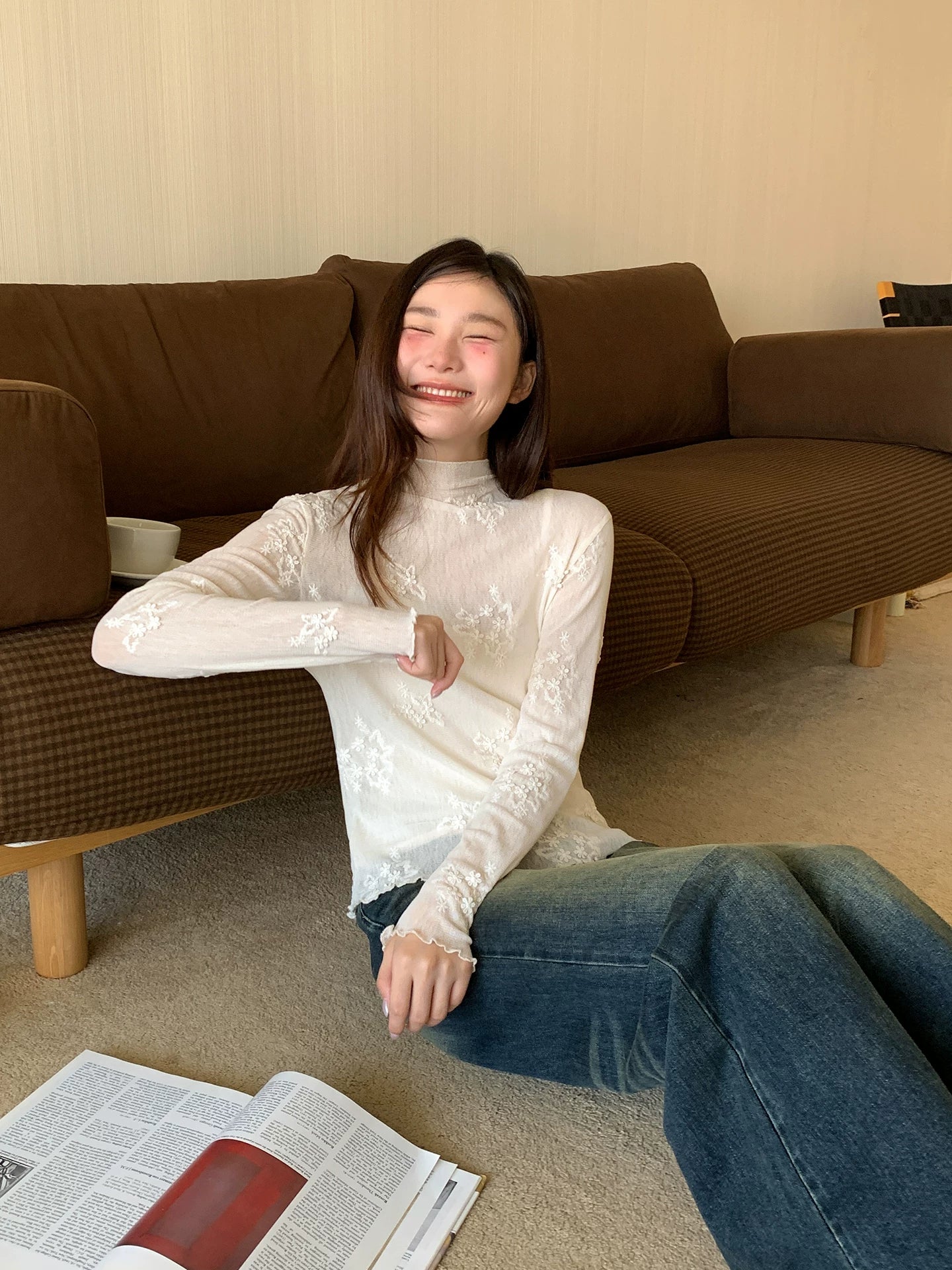 Kano Stretch Jacquard Embroidered Semi-turtleneck Bottoming Shirt