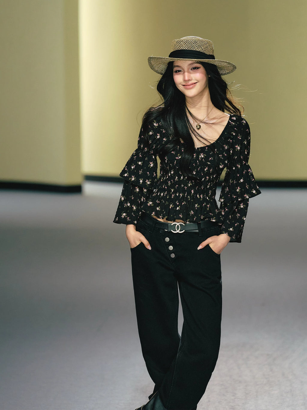 AGAM Double-layer Lotus Leaf Sleeve Floral Top Skirt Set