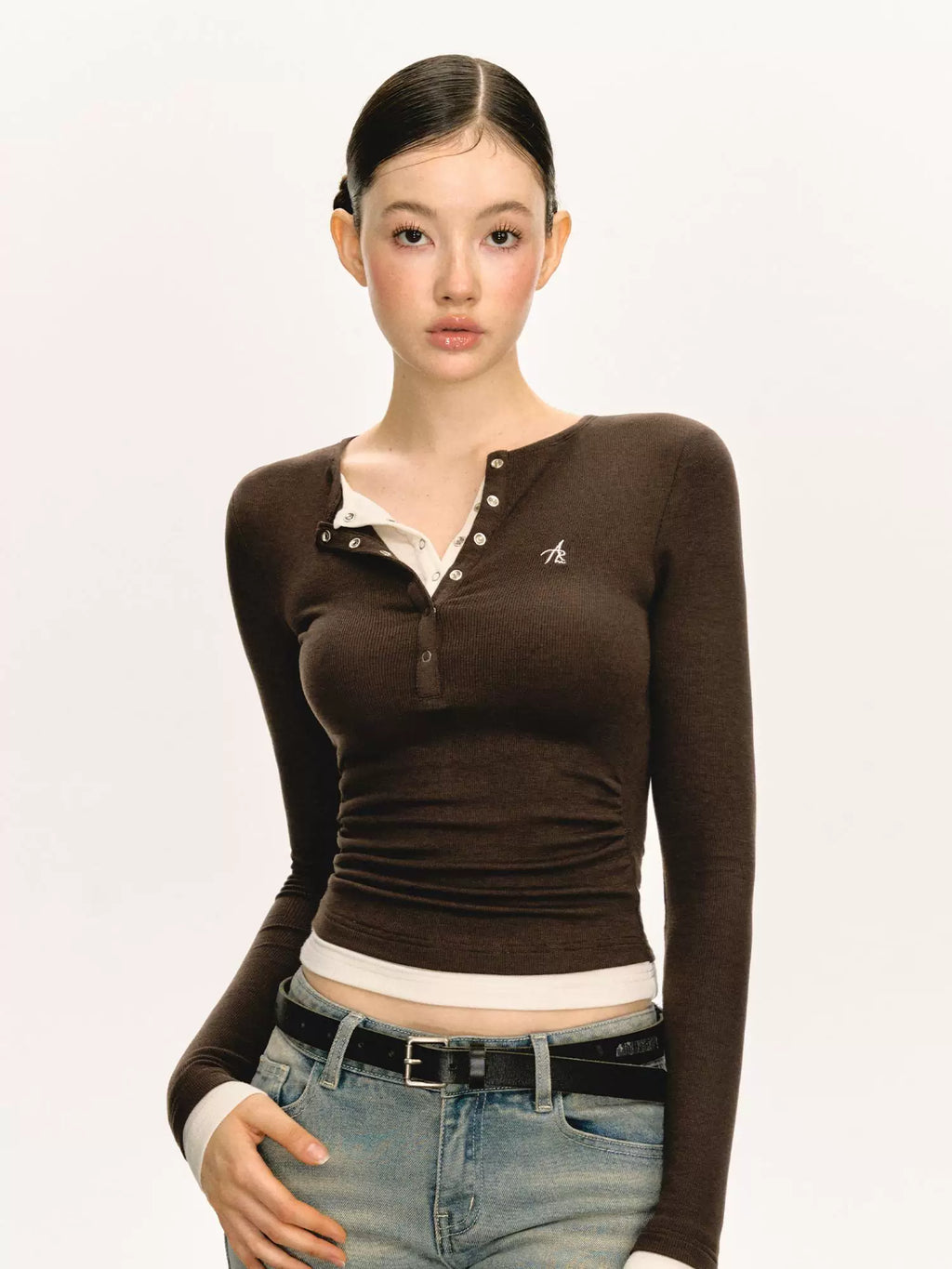 Ariseism Henry Collar Slim-fit Knitted Fake Two-piece Long Sleeve