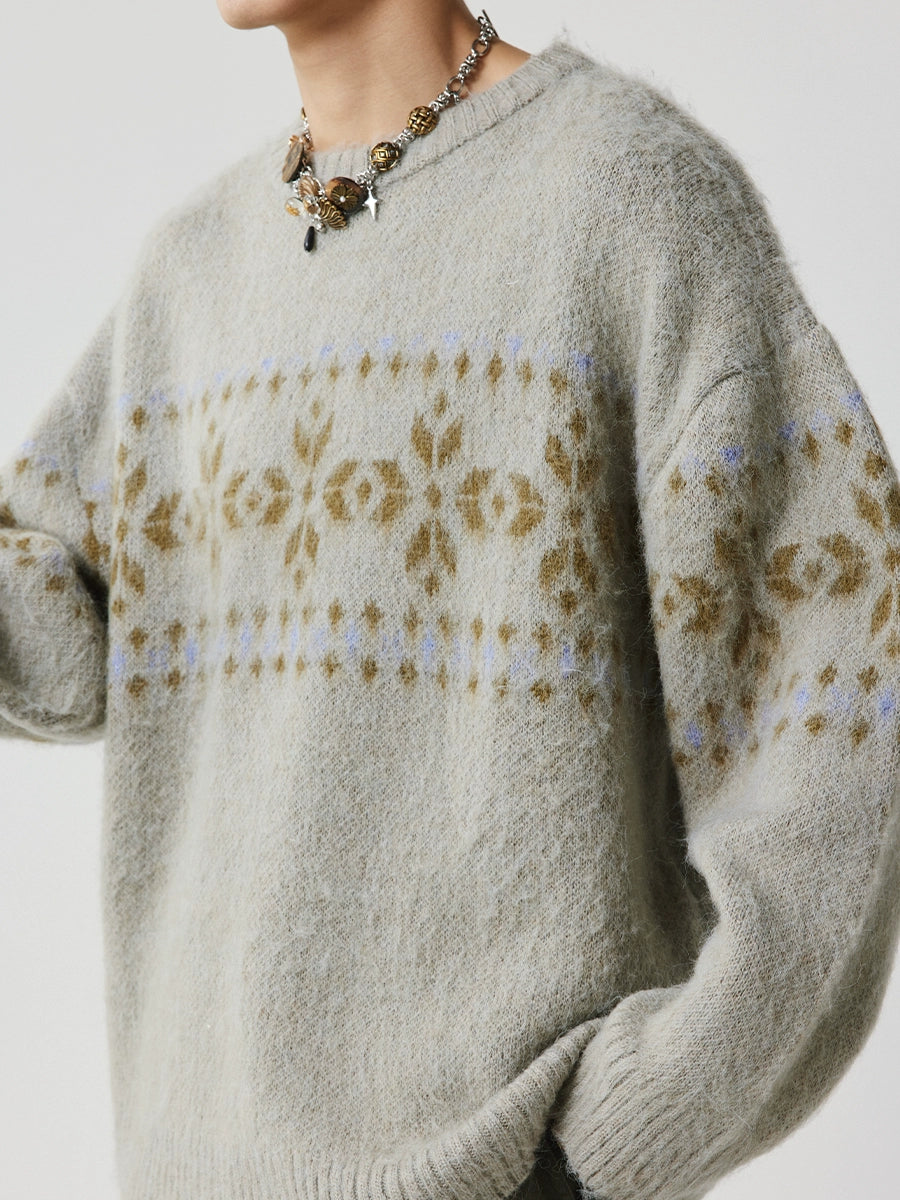 LIMPIDOCULUS Rhombus Totem Loose Jacquard Crew Neck Sweater