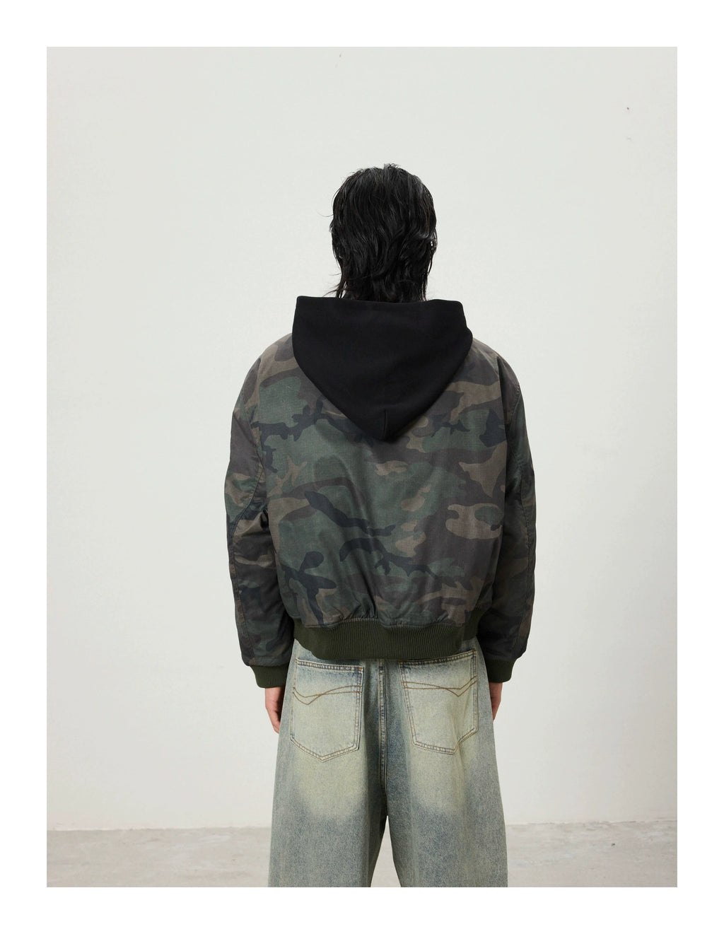 BTSG Double Zipper Fake Two-piece Stitching Camouflage Hooded Cotton Coat