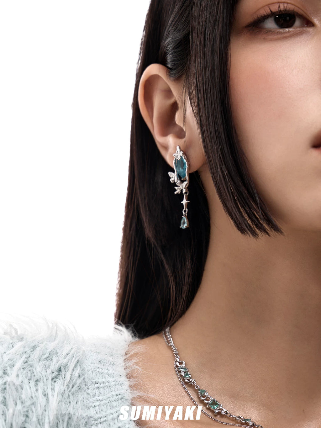 SUMIYAKI Ice Flower Zircon Water Drop Asymmetric Butterfly Earrings
