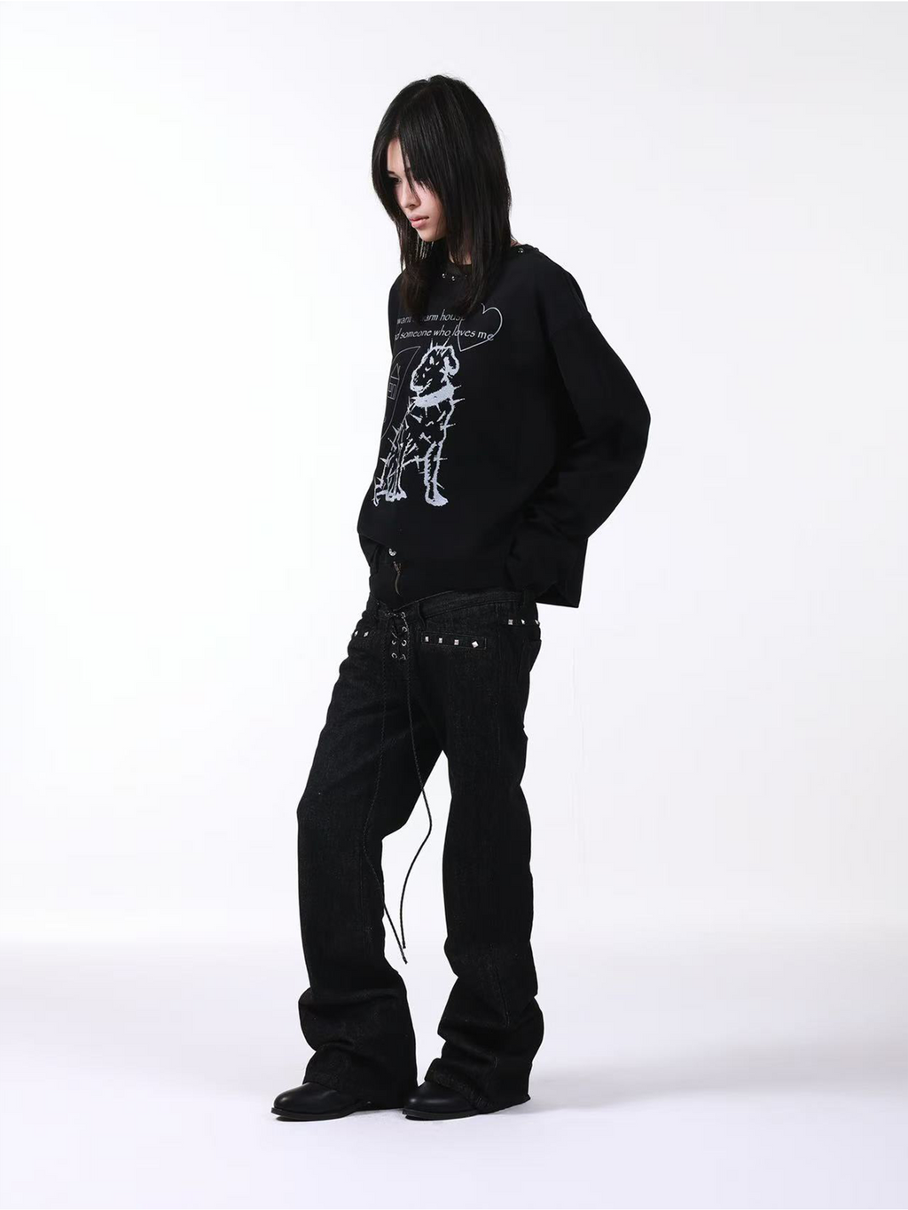 DETW Stacked Double Waist Strap Drawstring Jeans