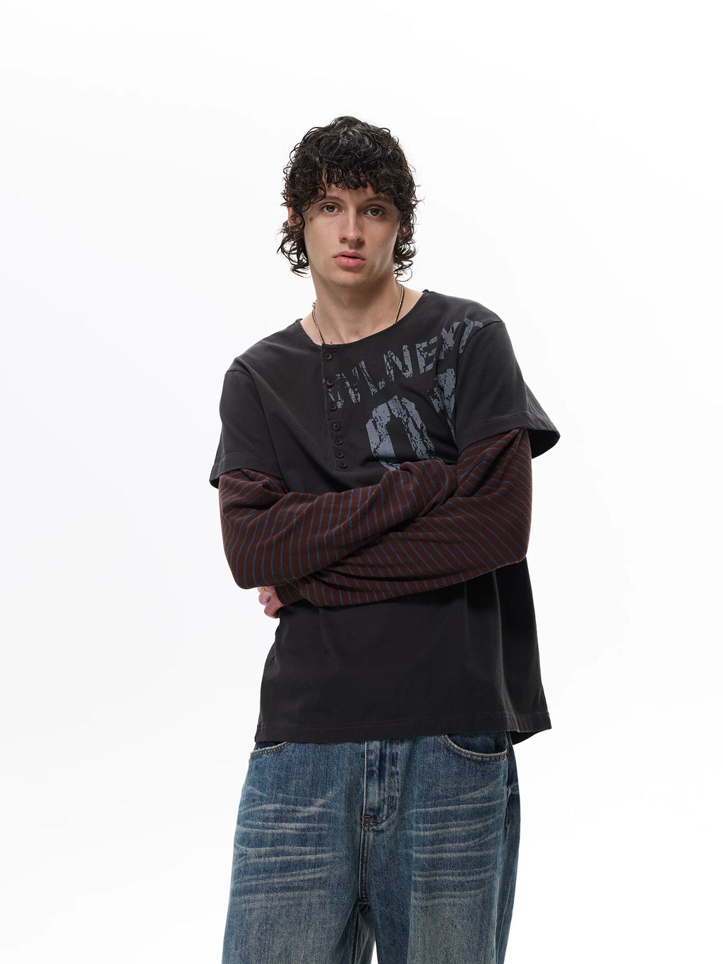 WLNEXT Striped Splicing Fake Two-piece Long Sleeve