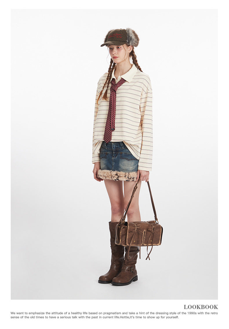 Nariele Hot Diamond Striped Loose Long Sleeve Polo Shirt