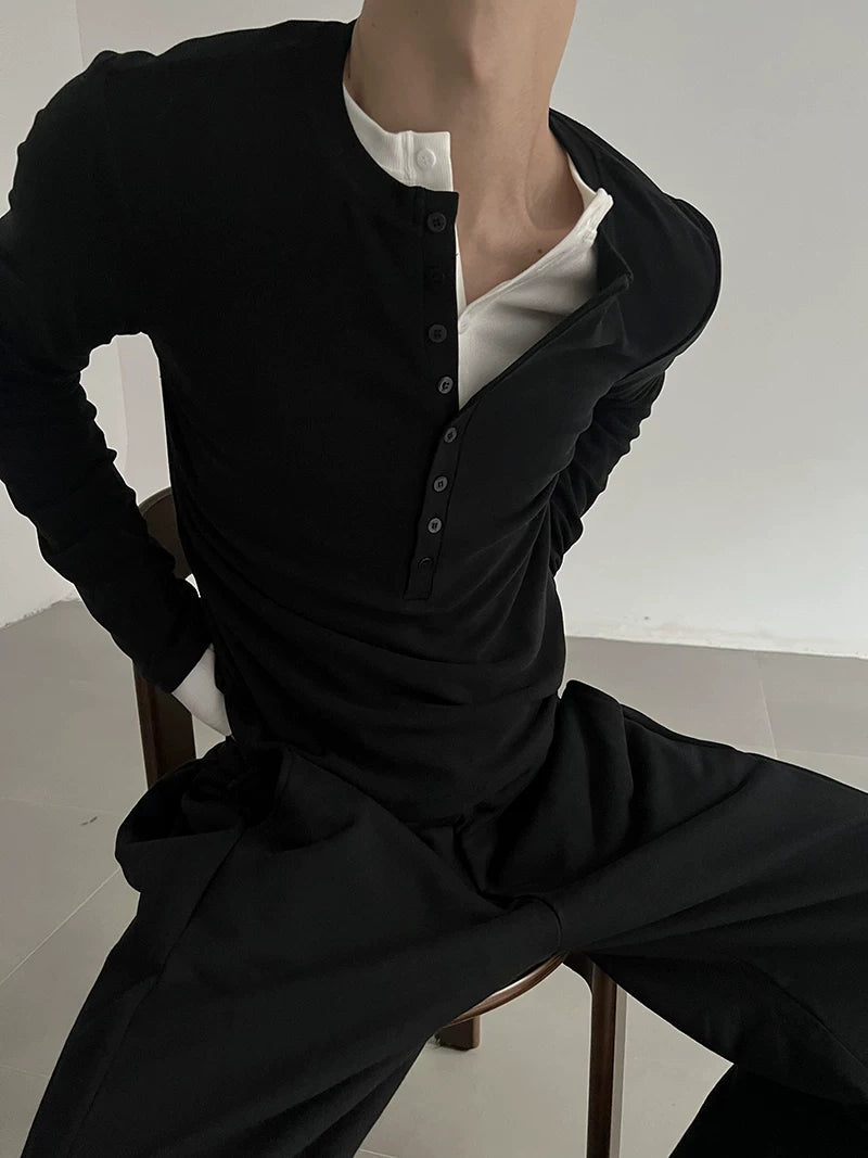 COLN Casual Henry Collar Bottom Long Sleeve