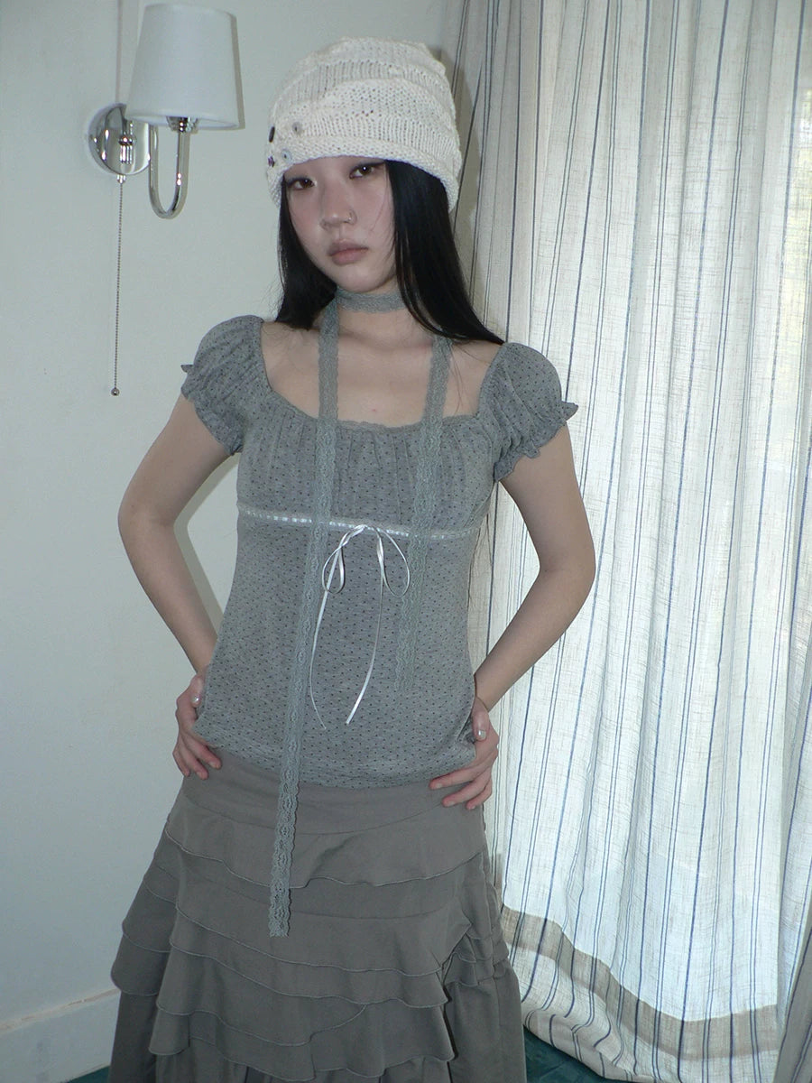 Ang: Project Polka Dot Square Neck Pleated Lace Edge Tee