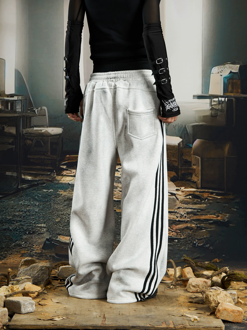 NOMANIAI Dirty Dyed Mottled Print Loose Striped Sweatpants