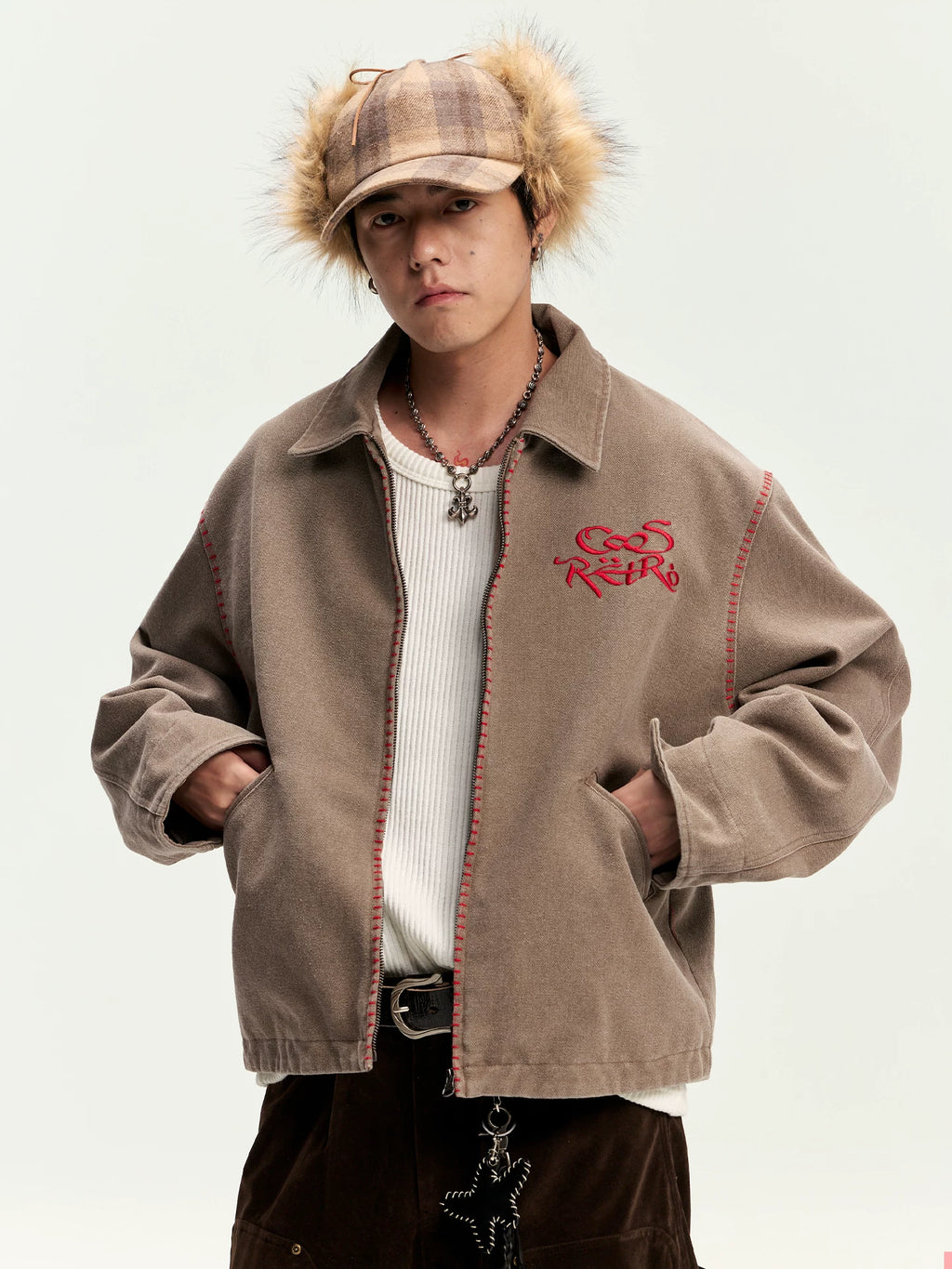 CoosRetro Vintage One-Word Embroidered Craft Shirt Jacket