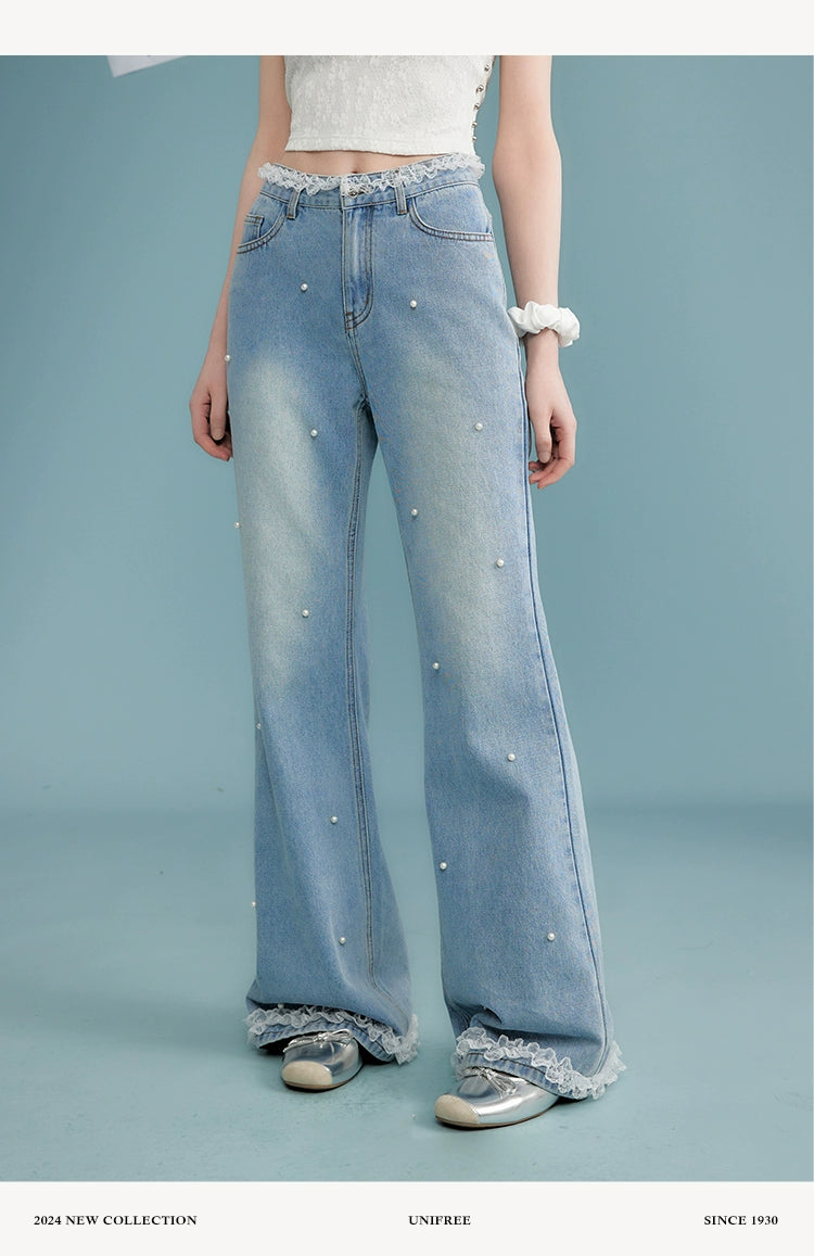 UNIFREE Beaded Lace Stitching High Waist Slim Jeans