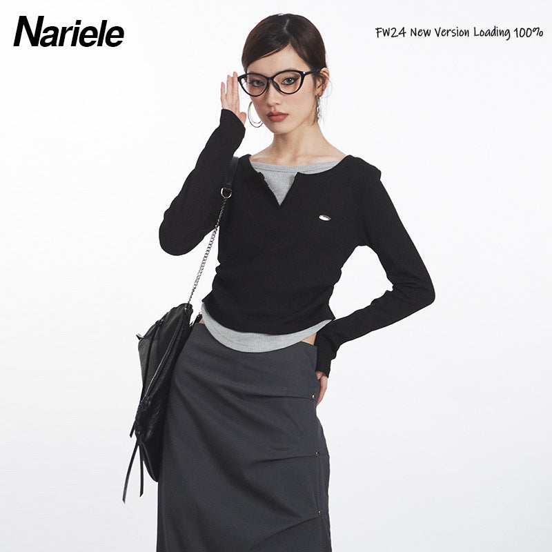 Nariele Fake Two V-neck Pleats Waist Slim Long Sleeves