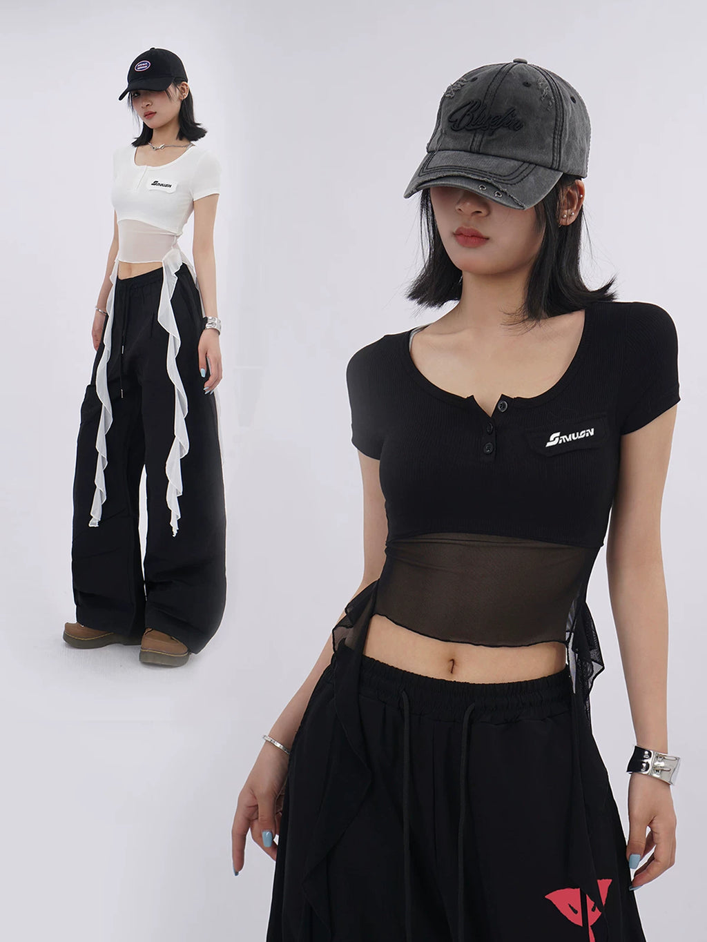 SAMUSAN Mesh Fringed Short Tee