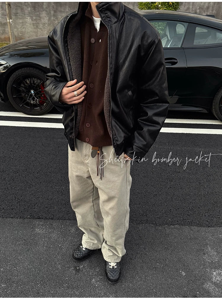 ZOZOFOREST Fleece Inner Bomber Leather Jacket