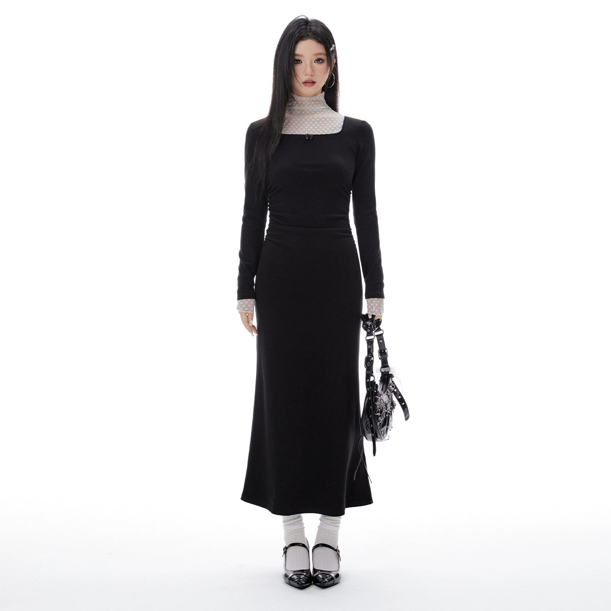 Imone Pleated Waist Mesh Stitching Semi-turtleneck Dress