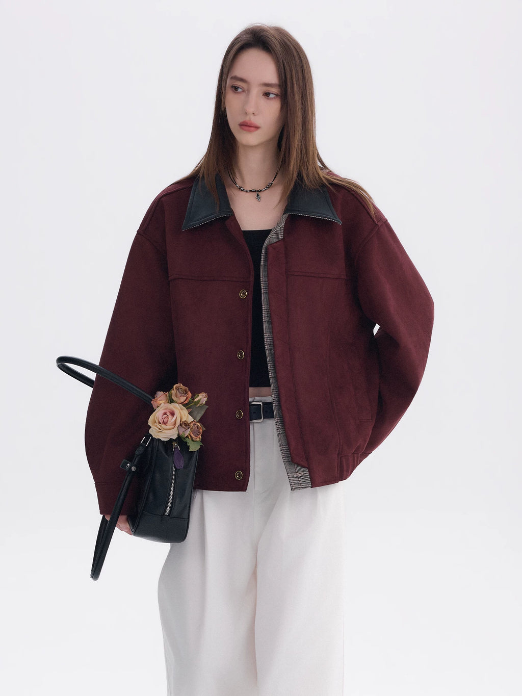 CHOR Color Matching Leather Collar Suede Lapel Jacket