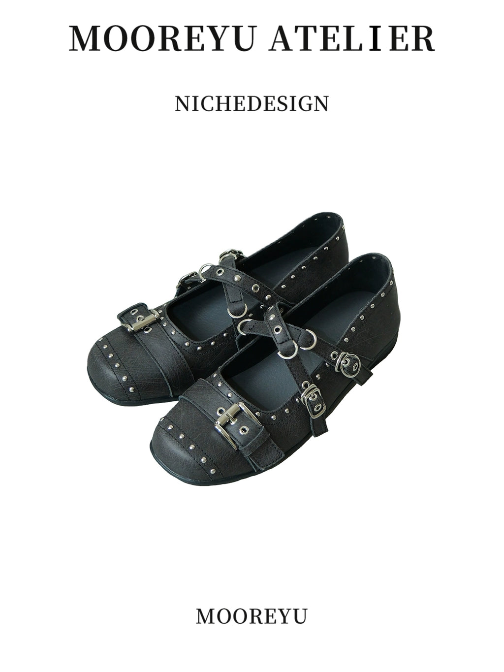 Mooreyu Rivet Round Head Cross Buckle Leather Shoes