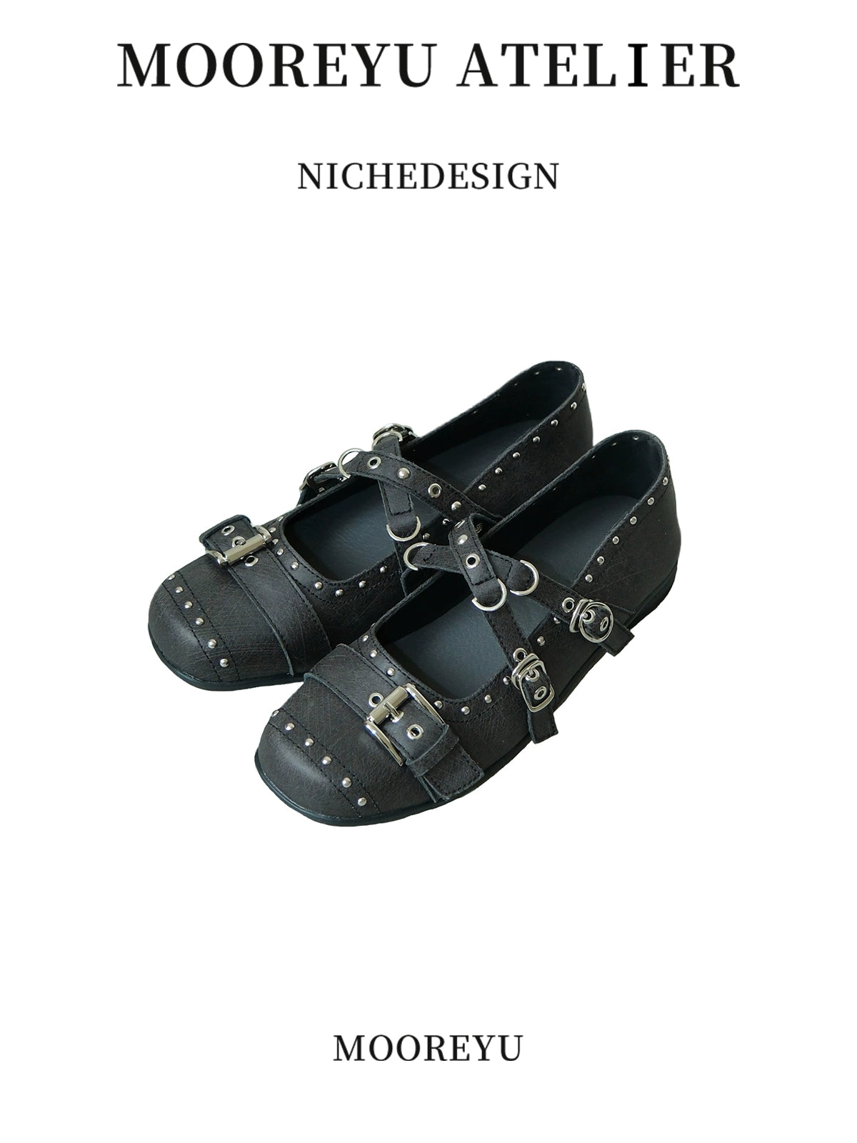Mooreyu Rivet Round Head Cross Buckle Leather Shoes