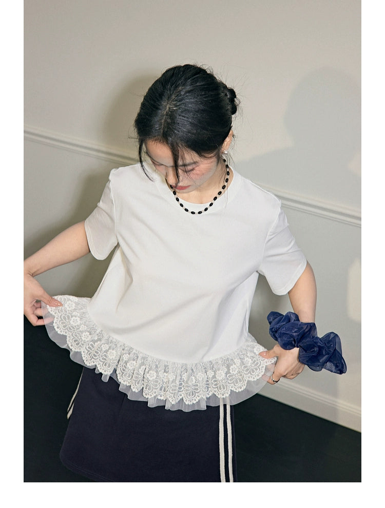 Kuose Lace Mesh Splicing Tee