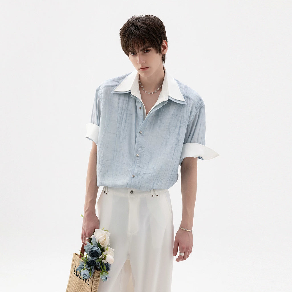 CHOR Fake Two-piece Ink Roll-sleeved Splicing Short-sleeved Shirt